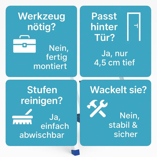 Informationen zu Werkzeugbedarf, Passgenauigkeit hinter der Tür, Reinigung der Stufen und Stabilität