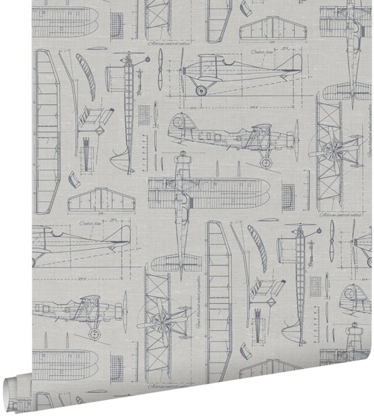 ESTAhome Tapete Kontruktionszeichnungen von Flugzeugen Taupe und Graublau - 53 cm x 10.05 m - 139960