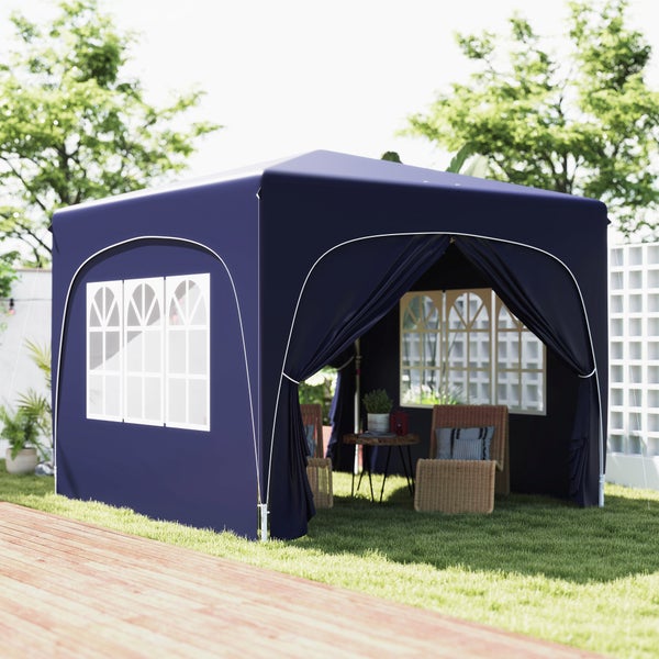 Outsunny Pavillon 3x3m, wasserabweisend Stabil Winterfest Pop-up Faltpavillon, UV Schutz 50+, Faltbar Partyzelt Gartenzelt mit 4 Seitenteilen Tasche Gartenpavillon für Camping Garten, Dunkelblau
