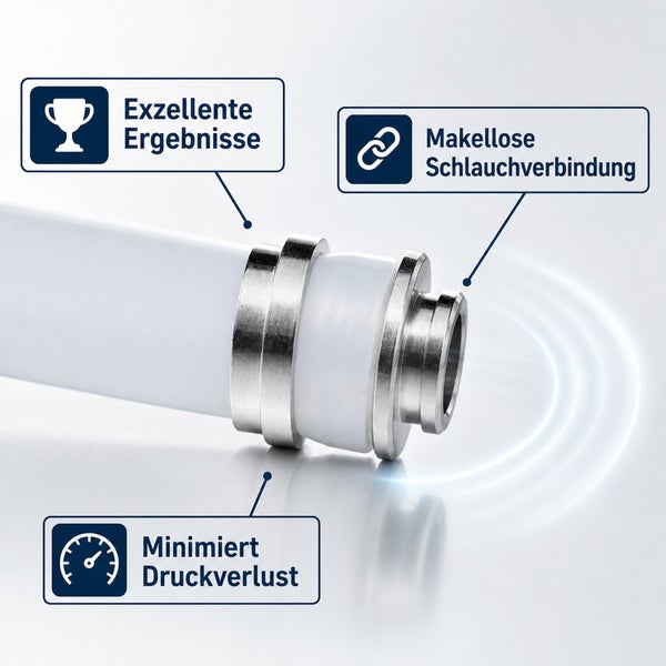 Metall Schlauchanschlussstück mit Hinweisen zu exzellenten Ergebnissen, makelloser Schlauchverbindung und minimiertem Druckverlust.