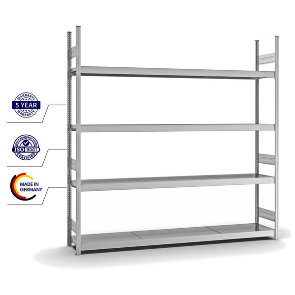 PROREGAL Weitspannregal Stecksystem T-Profil Grundregal HxBxT 250x250x40 cm 4 Ebenen Stahlplatten Fachboden Fachlast 350 kg Verzinkt