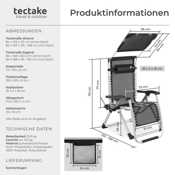 Sonnenliege tectake Cloud II mit Ablagetisch und Stautasche klappbar, flexible Rückenlehne und Fußablage hellgrau