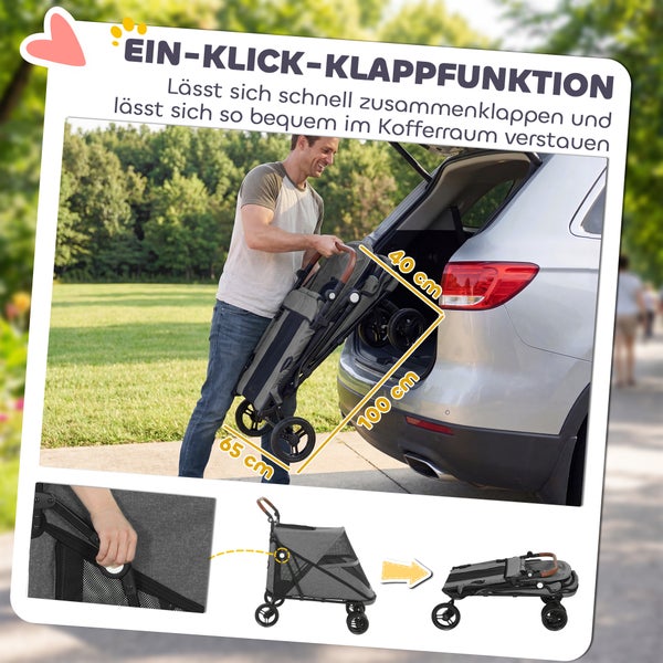 Mann verstaut zusammengeklappten Hundebuggy im Kofferraum eines Autos. Maße gefaltet 100 mal 65 mal 40 Zentimeter.