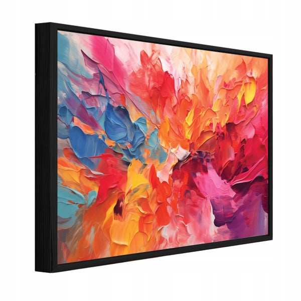 Wandbild mit abstraktem, farbenfrohem Motiv und Struktur-Optik in einem schmalen schwarzen Rahmen.