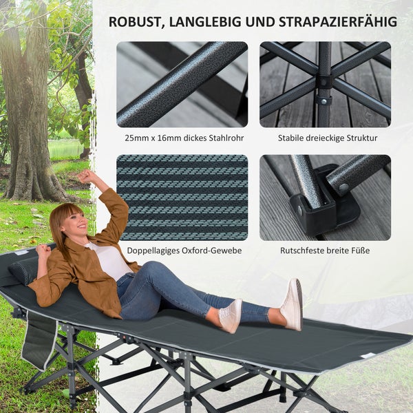 Outsunny Campingbett klappbar Feldbett Klappbett mit Kopfkissen Seitentasche Matratze Gästebett bis 150 kg belastbar Reisen Outdoor Oxford Grau 188 x 64,5 x 53 cm