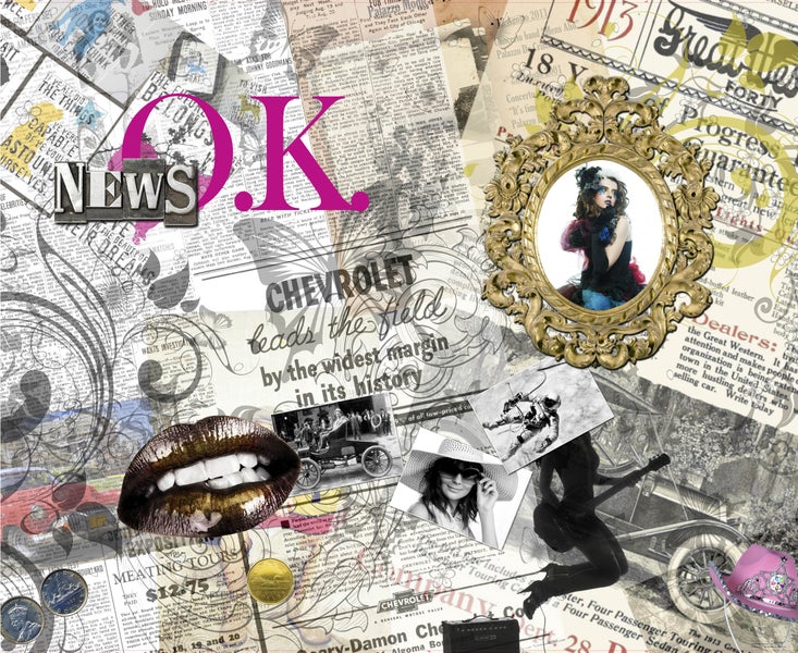 Collage mit Zeitungsausschnitten, Fotos und grafischen Elementen.