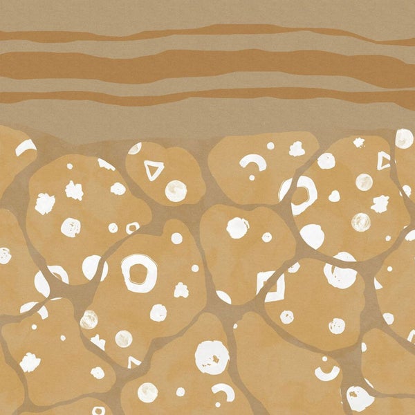 Abstraktes Muster mit Kreisen, Dreiecken und Linien auf beigem Grund