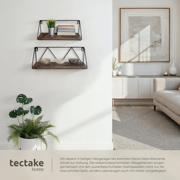 2er Set Wandregal tectake Rockport Tiefe 13 cm Industrial Style Industrial Holz dunkel, rustikal