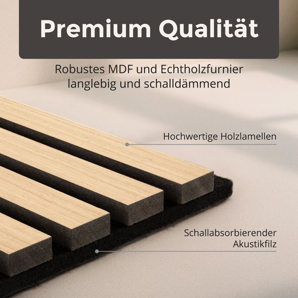 Akustikpaneel mit Holzlamellen aus mitteldichter Holzfaserplatte und Echtholzfurnier auf schallabsorbierendem Akustikfilz.