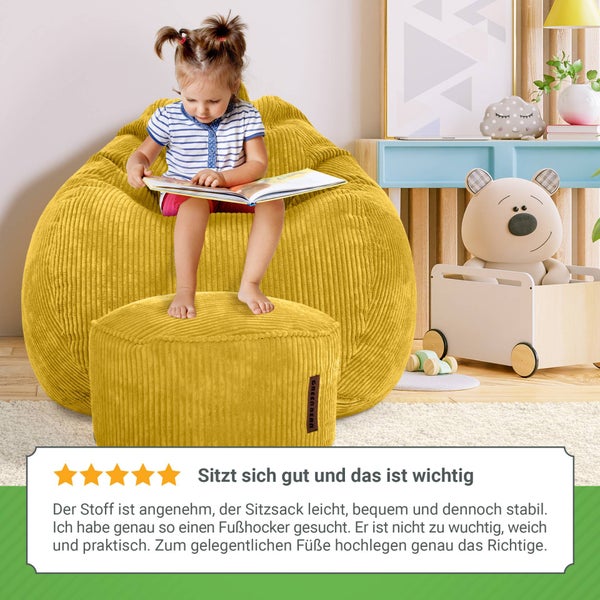 Green Bean 2er Set Indoor XXL Sitzsack + Pouf mit EPS-Perlen Füllung - Fußhocker Fußkissen Hocker Bodenkissen Liegekissen Sitzkissen Lounge Chair - Gelb