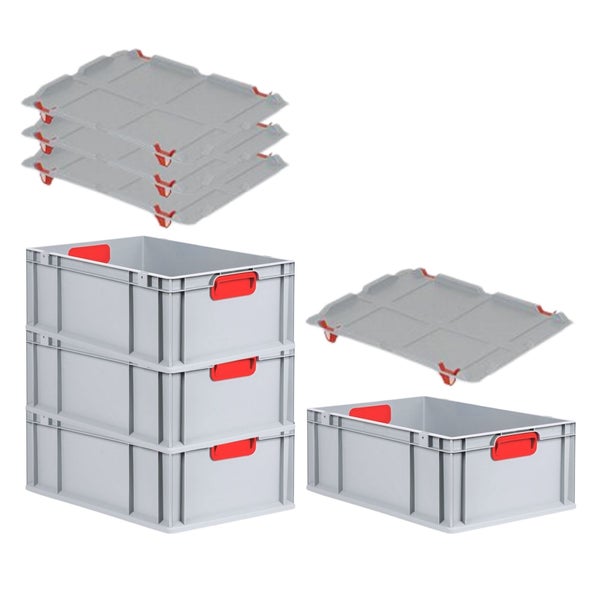 PROREGAL Spar Set 4x Eurobox Nextgen Color Mit Auflagedeckel & Schiebeschnappverschlüsse HxBxT 22 x 40 x 60 cm Griffe Rot Verstärkter Boden