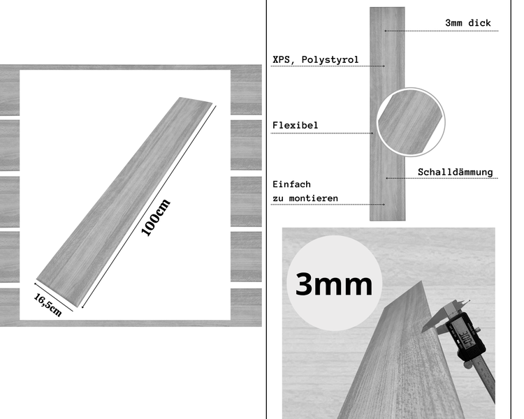 Wandpaneel aus Polystyrol in Holzoptik, 100 mal 16,5 Zentimeter, 3 Millimeter dick, flexibel, schalldämmend und einfach zu montieren.