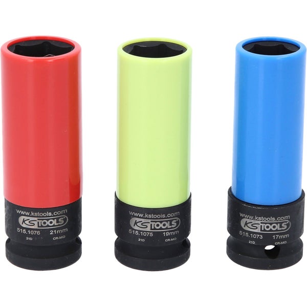 Drei farbige Drehmoment-Steckschlüssel von KS Tools mit 17 mm, 19 mm und 21 mm Größe