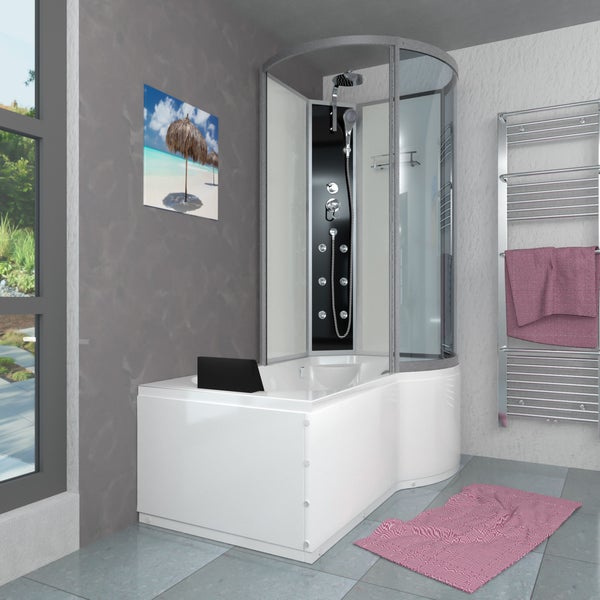 Moderne Badewannen-Dusch-Kombination mit Glas-Duschkabine, Massagedüsen und Regendusche in einem hellen, organisierten Badezimmer.