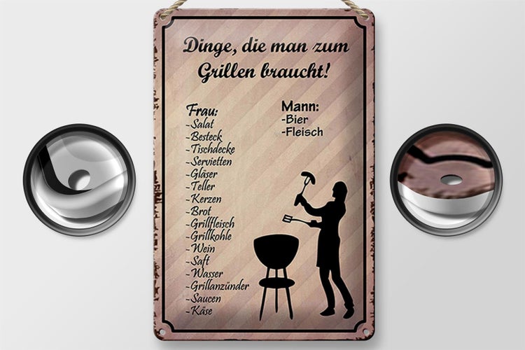 Blechschild Spruch 20x30cm Dinge die man zum Grillen braucht