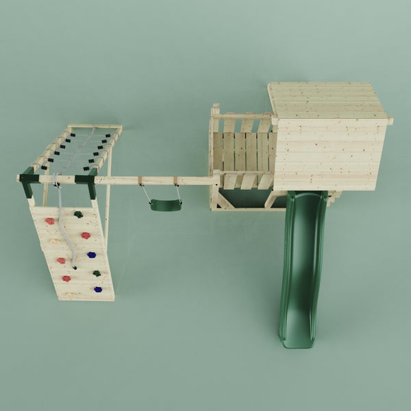 Spielturm mit Rutsche, Schaukel, Kletternetz und Kletterwand