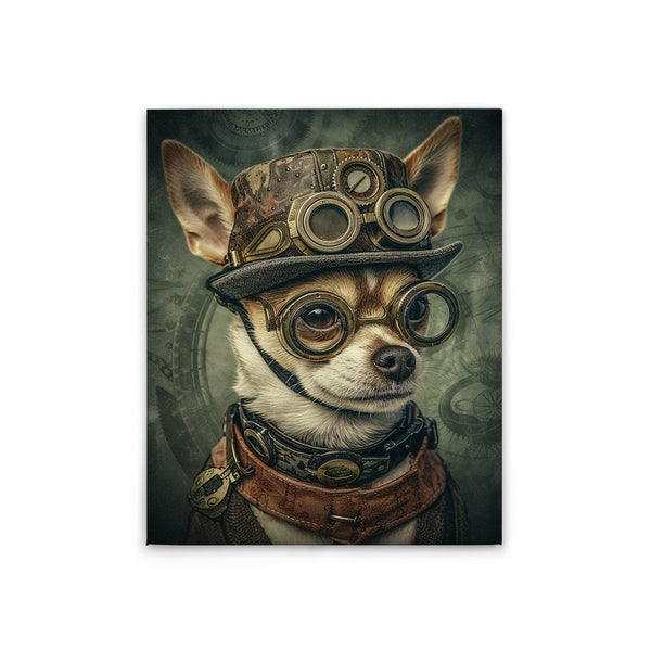 Poster mit einem Chihuahua im Steampunk-Stil, mit Hut und Brille