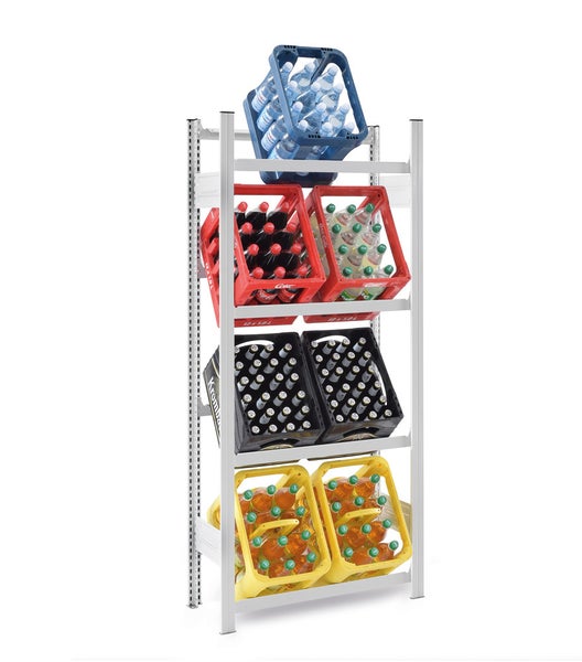 PROREGAL Getränkekistenregal Stecksystem T-Profil Grundregal HxBxT 175 x 75 x 30 cm Fachlast 100 kg 4 Ebenen für 8 Getränkekisten Lichtgrau