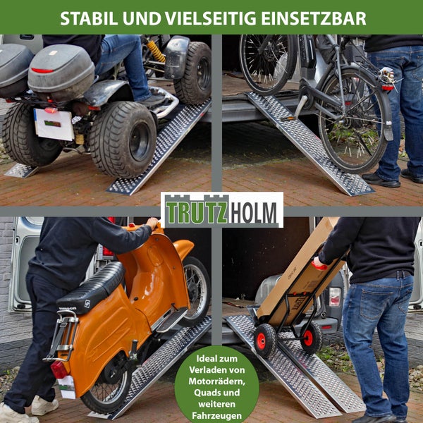 Mehrfachansicht der TRUTZHOLM Laderampe im Einsatz mit Quad, Fahrrad, Moped und Transportwagen