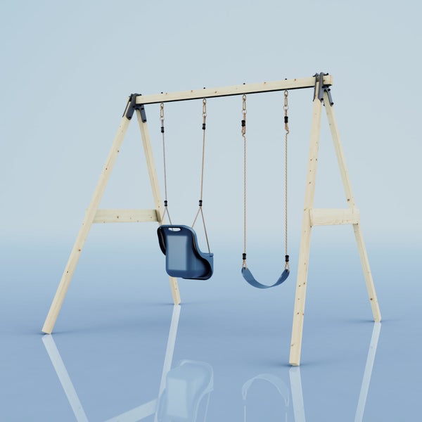 Kinderschaukel mit einem A-Gestell aus Holz und einem blauen Schalensitz befestigt an Seilen.