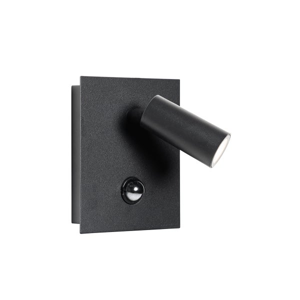 Moderne schwarze Wandleuchte mit verstellbarem Spot und integriertem Bewegungsmelder.