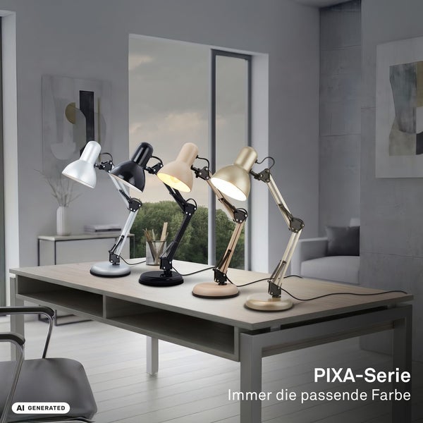 Vier verstellbare Metall-Schreibtischlampen der PIXA-Serie in verschiedenen Farben auf einem Holztisch in einem hellen, modernen Büro.