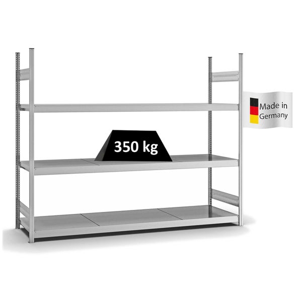 PROREGAL Weitspannregal Stecksystem T-Profil Grundregal HxBxT 200x250x60 cm 3 Ebenen Stahlplatten Fachboden Fachlast 350 kg Verzinkt