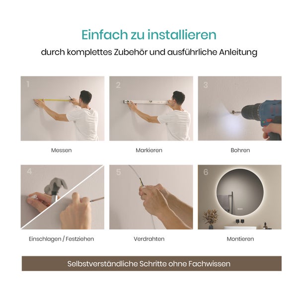 EMKE Badspiegel mit Beleuchtung ф70cm, rund, Touchschalter, Anti-Beschlag, 3 dimmbare Lichtfarben, 4mm rostfreier Spiegel, mit separatem Funktionsschalter, Für Ihr Badezimmer