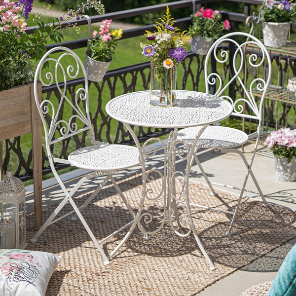 FRANK FLECHTWAREN | Bistro-Set White Romance, 3tlg., METALL, Stuhl 40 x 43 x 93 cm, Sitzhöhe 45 cm, platzsparend zusammenklappbar, Tisch Ø 60 x 70 cm