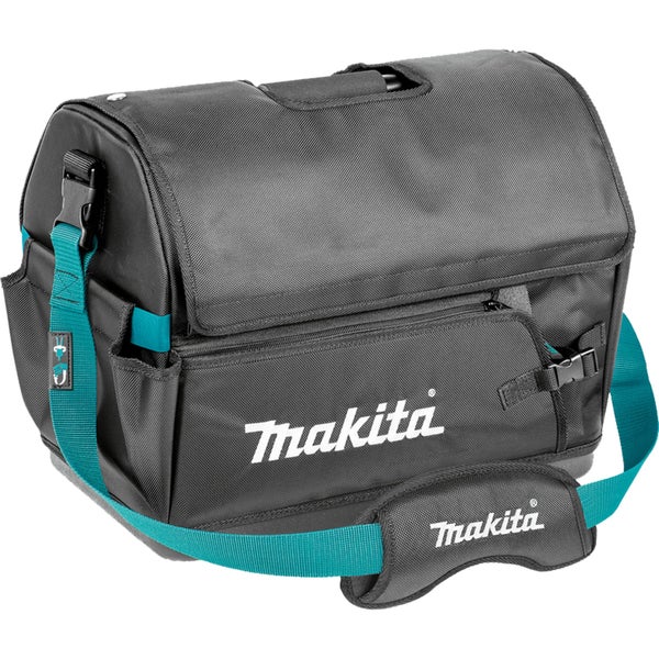 Offene Makita Werkzeugtasche mit organisierter Innenseite, Schraubendrehern, Akku und Tragegriff aus Metall mit Schaumstoffgriff.