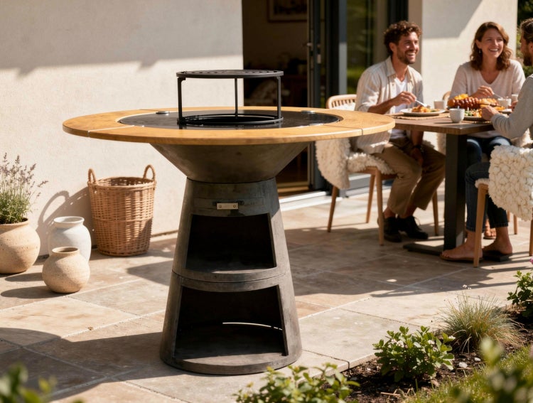 Grilltisch aus Stahl mit Holztischplatte und Personen im Hintergrund