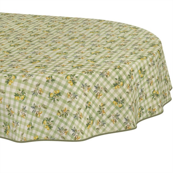 Ovale Tischdecke mit grünem Karomuster und Zitronen-Motiv.