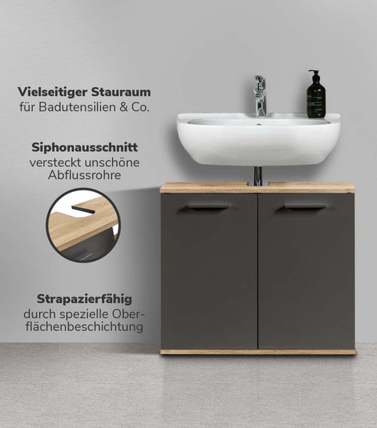 mokebo Waschbeckenunterschrank 'Der Waschbär' Waschtischunterschrank in 60x70x34 (HxBxT) in Eiche-Schwarz