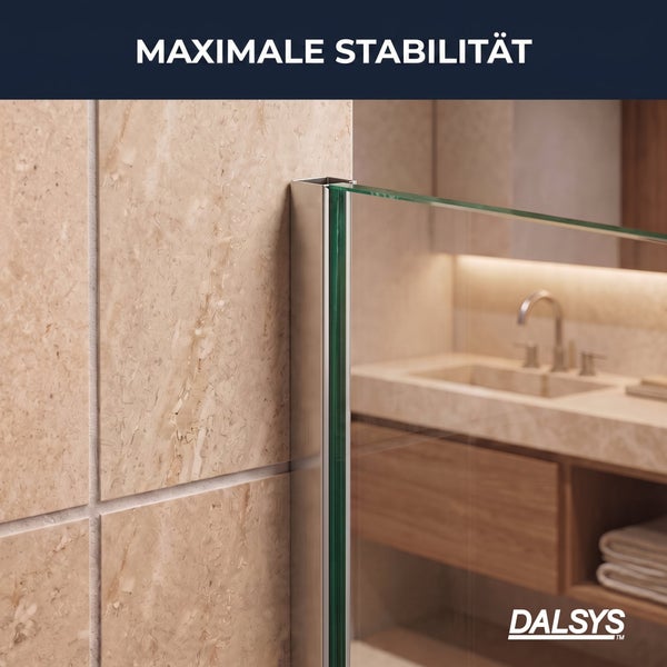 Detail eines Metallprofils von Dalsys zur stabilen Befestigung einer Glastrennwand an einer Fliesenwand im Badezimmer mit Waschtisch. Dalsys Logo.