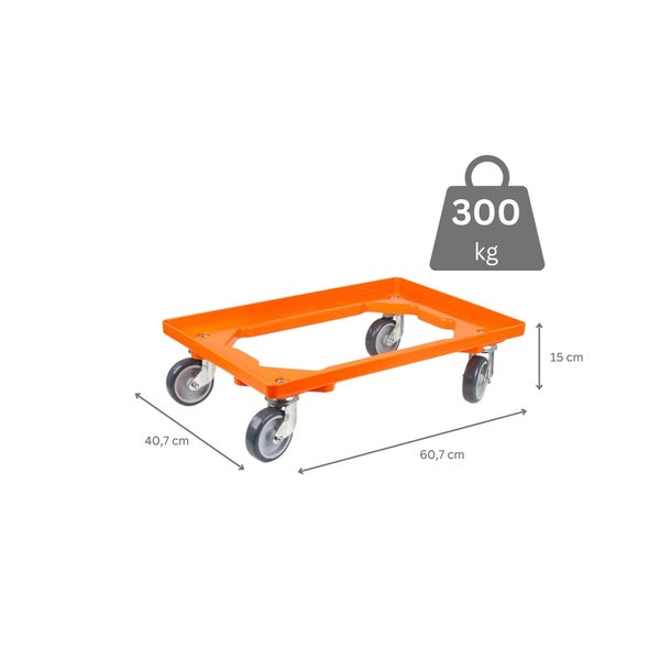 PROREGAL Transportroller für Euroboxen 60 x 40 cm mit Gummiräder Orange Offenes Deck 2 Lenkrollen und 2 Bockrollen Traglast 300 kg