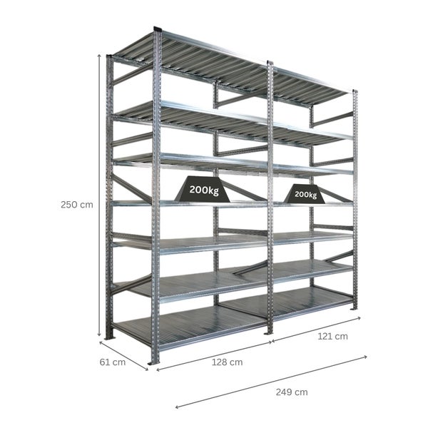 Metallregal mit mehreren Ebenen und Größenangaben