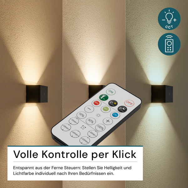 Drei Wandleuchten mit Fernbedienung zur Steuerung der Helligkeit.