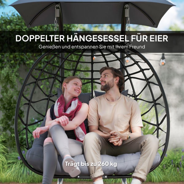 Outsunny Hängesessel mit Gestell faltbar Hängekorb mit Kissen Sonnenschutzdach Polyrattan Hängestuhl für 2 Personen Outdoor Hängeschaukel belastbar bis 260kg Sessel für Balkon Terrasse Dunkelgrau