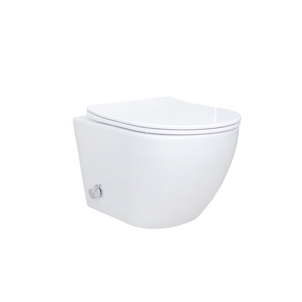Wandhängendes WC mit Duschfunktion und integrierter seitlicher Bidet-Armatur.