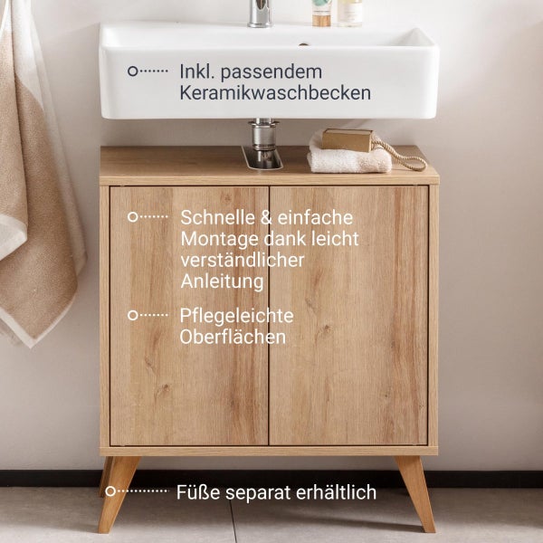 FACKELMANN FINN Badmöbel Set 3 Teile / Waschbecken / Waschbeckenunterschrank / 4 Holzfüße / Badschrank mit Push-to-Open / Korpus & Front: Braun hell / Rahmendekor & Füße: Braun hell / Breite: 60 cm