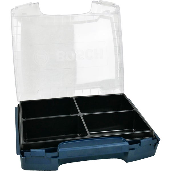 Blauer Sortimentskasten aus Kunststoff mit vier schwarzen Fächern und Tragegriff.