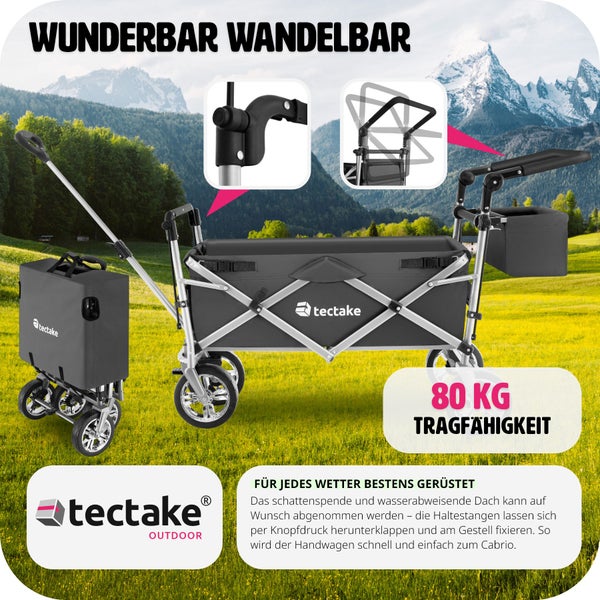 Bollerwagen tectake Nico inklusive Tragetasche, Belastbarkeit 80 kg faltbar, mit Dach grau