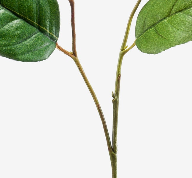 Detailansicht eines künstlichen Pflanzenzweigs mit grünen Blättern und realistischer Stielstruktur.