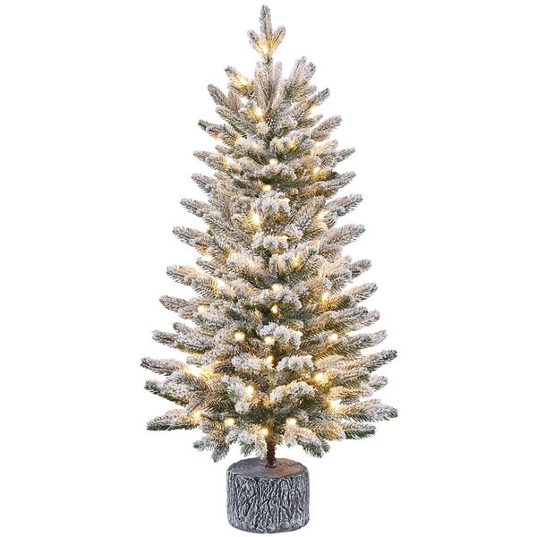 Verschneiter künstlicher Weihnachtsbaum mit Beleuchtung in voller Größe.