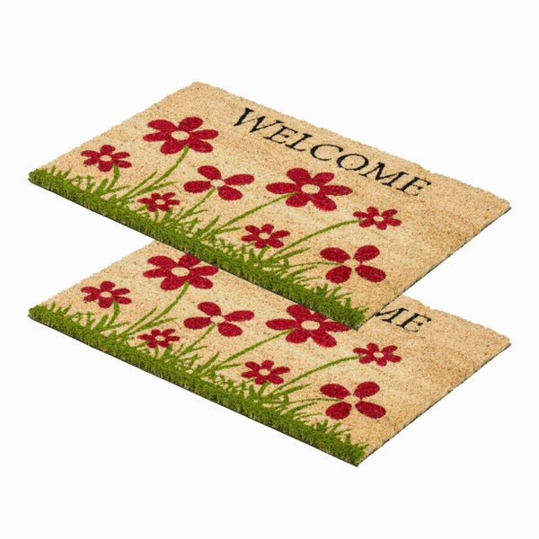 Zwei Fußmatten aus Kokosfaser mit Willkommensgruß und Blumenmuster