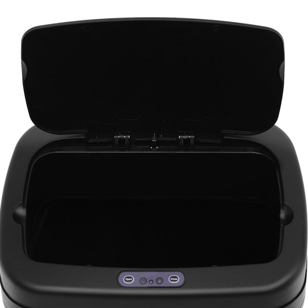 Schwarzer Sensor-Mülleimer mit offenem Deckel und Bedienfeld mit Tasten zum Öffnen und Schließen.