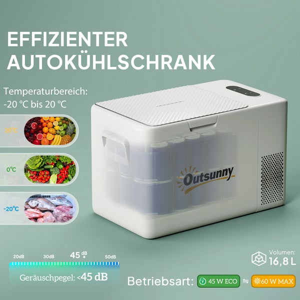 Outsunny 22 Liter Kompressor Kühlbox elektrische Kühlbox mit LED ECO-Modus Anschluss Kühlhaltefunktion leise Gefrierbox Thermobox Mini Kühlschrank 12/220 Volt für Auto Steckdose Camping Cremeweiß