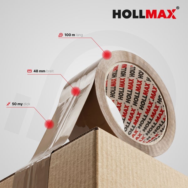Hollmax Packband auf einem Karton, 100 Meter lang, 48 Millimeter breit und 50 Mikrometer dick.