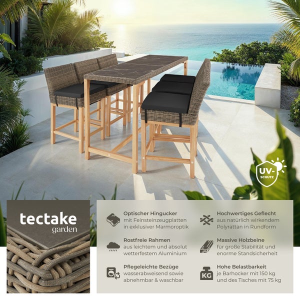 Rattan Tisch Lovas mit 6 Stühlen Latina tectake  Beine aus Holz mit Aluminiumgestellen natur