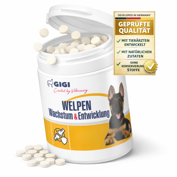 Gigi Welpen Wachstum und Entwicklung Ergänzungsfuttermittel für Hunde, Tabletten in einer Dose mit Abbildung eines Welpen und Qualitätssiegeln.